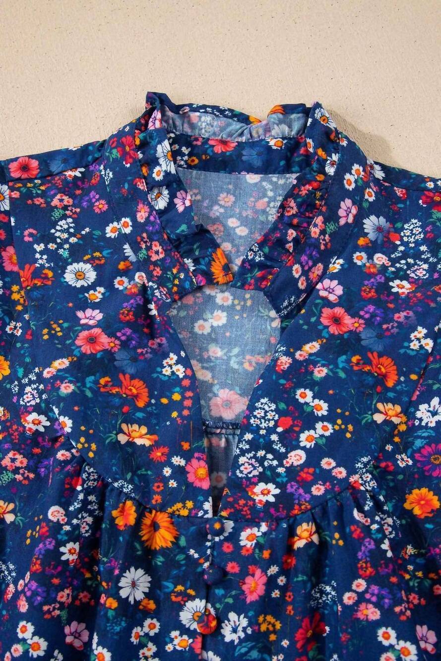 NEW PRETTY BASH floral split neck puff sleeve mini dress in blue - Picture 4 of 5